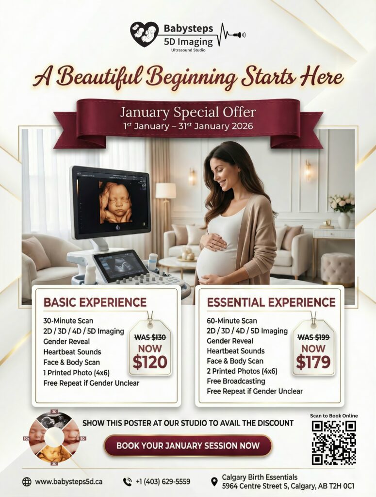 A pregnant woman smiling while viewing her baby on a 5D ultrasound screen inside Babysteps 5D Imaging Ultrasound Studio, featuring a January special offer with Basic and Essential ultrasound experience packages and booking details in Calgary.