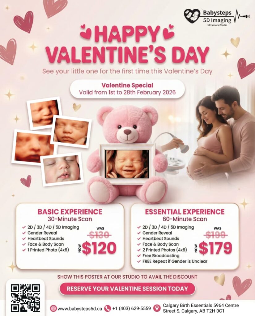 A glowing mom-to-be smiles with pure love and excitement as she watches her little one on the 5D ultrasound screen at Baby Steps 5D Imaging Ultrasound Studio. The room feels warm and emotional, filled with that unforgettable first glimpse of baby’s tiny features. Celebrate this Valentine’s season with our special offer on Basic and Essential ultrasound experience packages in Calgary. Create a beautiful memory with your loved one and book your heartwarming session today.