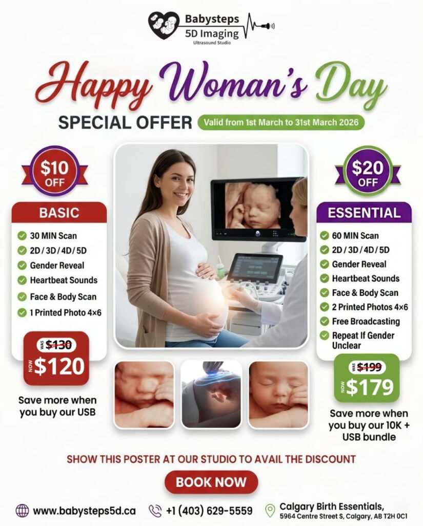 A glowing mom-to-be smiles with pure love and joy as she watches her little one on the 5D ultrasound screen at Baby Steps 5D Imaging Ultrasound Studio. The room fills with warmth and emotion as she experiences the unforgettable moment of seeing her baby’s tiny features for the very first time. This Mother’s Day, celebrate the beautiful bond between a mother and her baby with our special offer on Basic and Essential ultrasound experience packages in Calgary. Create a priceless memory, share the moment with your loved ones, and capture the beginning of your motherhood journey. Book your heartwarming Mother’s Day session today.
